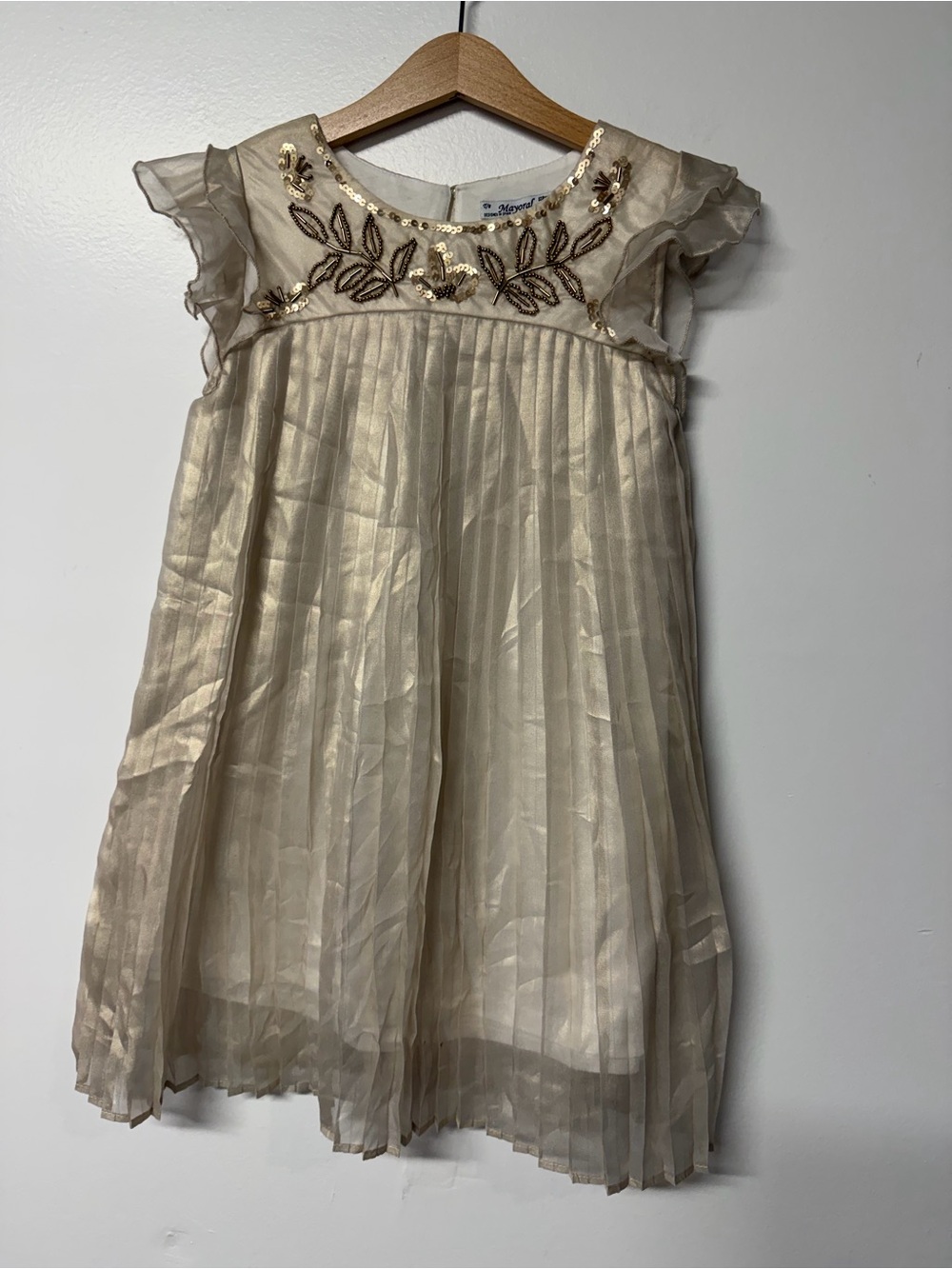 Mayoral Gold Pleated Party Dress with Sequin Trim